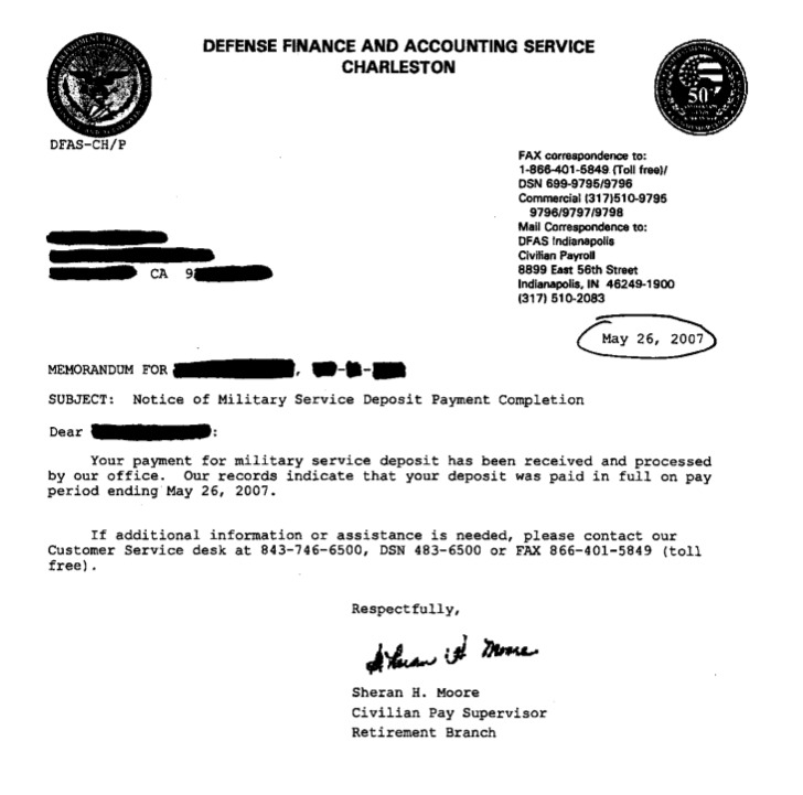 Confirmation of FERS Military Service Credit Deposit